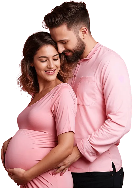 Happy pregnant couple celebrating a healthy pregnancy after fertility treatment.